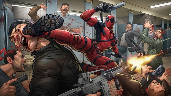 Deadpool painting Marvel Comics group of people men real 2k