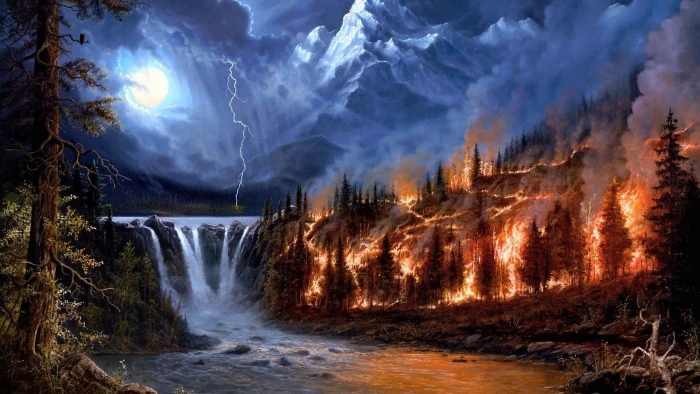 forest on fire painting nature landscape digital art mountains 2k