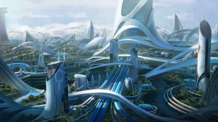 futuristic city towers buildings digital art sci fi Fantasy 2k