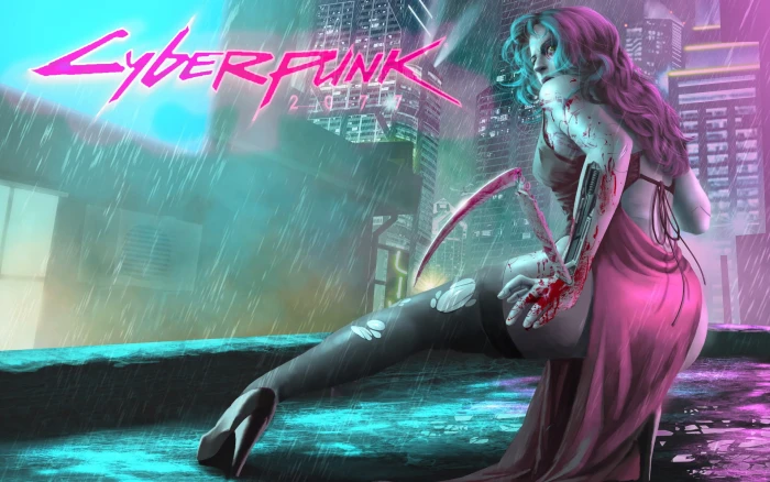 Girl The city game Rain Art Cyborg CD Projekt RED 2k