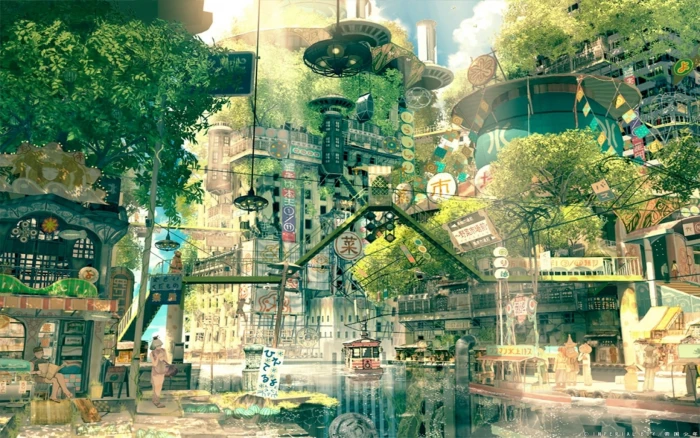 green leafed tree illustration fantasy land drawing city cityscape 2k