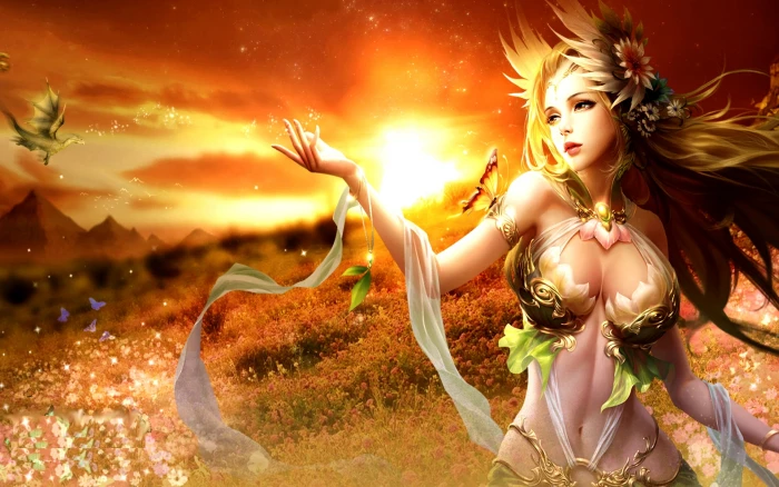 League of Angels Sylvia Gorgeous Goddess Nature sunset Skin Art HD Wallpaper 2k