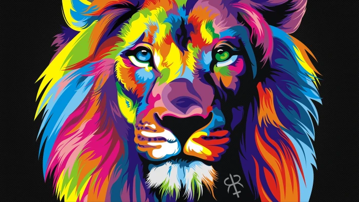 lion head illustration green blue pink and orange Lion painting 2k