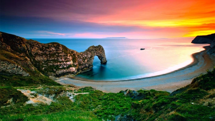 nature landscape sea water beach cliff sunset clouds 2k