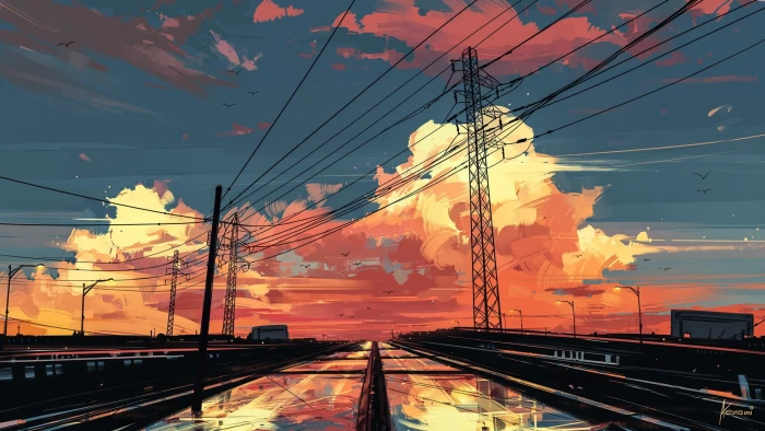 power line tower vector art artwork digital Aenami clouds 2k