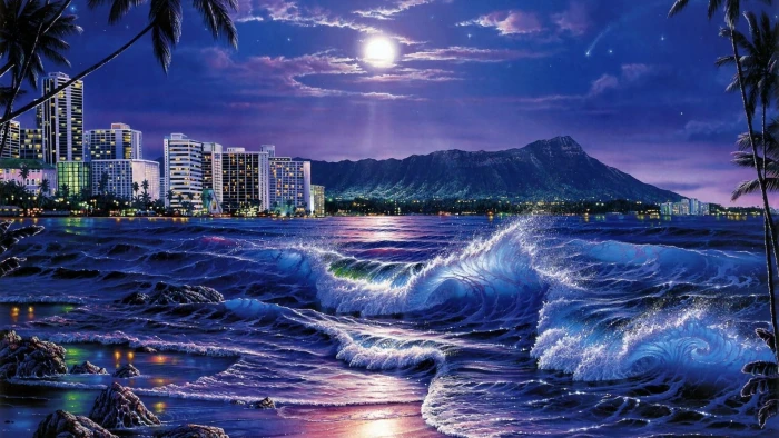 sea waves city night beach moon stars painting art 2k