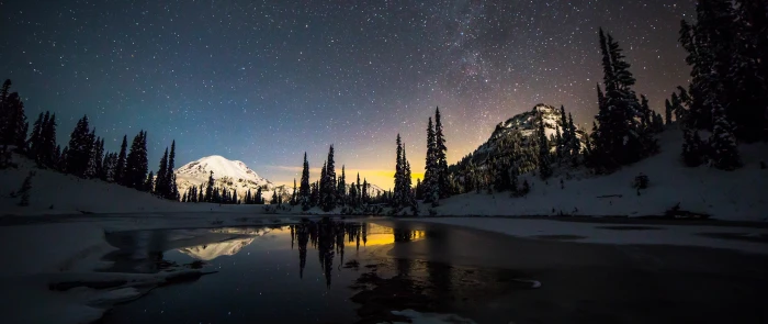 snowfield near body of water ultra wide photography landscape 2k