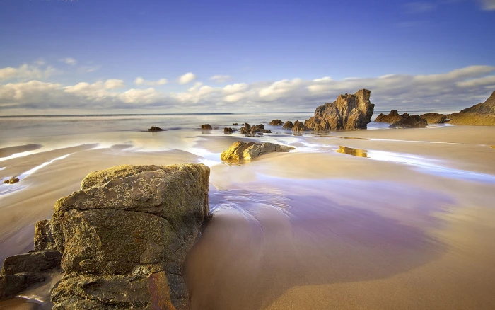 Spain Asturias beach sea rocks brown rock formation 2k
