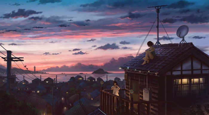 two female animated character beside brown house wallpaper landscape 2k