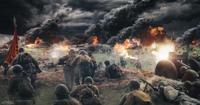 World War II artwork Pavel Bondarenko explosion group of people 2k