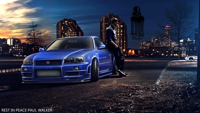 blue Nissan Skyline Paul Walker Fast and Furious 7 2k