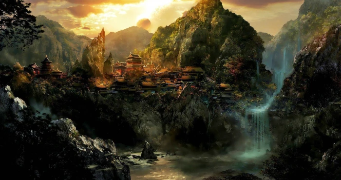 city mountains sky heroic fantasy digital art landscape 2k