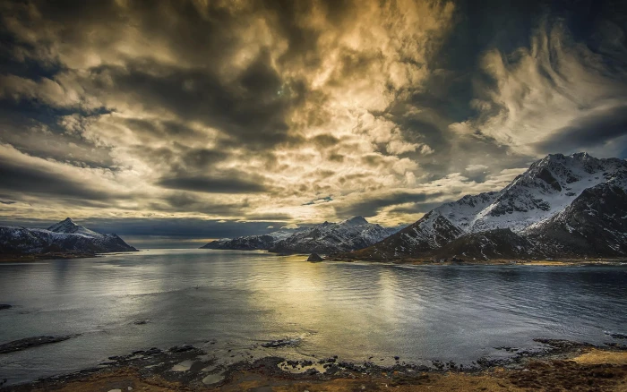 landscape beach mountains sky clouds Lofoten Islands cloud 2k
