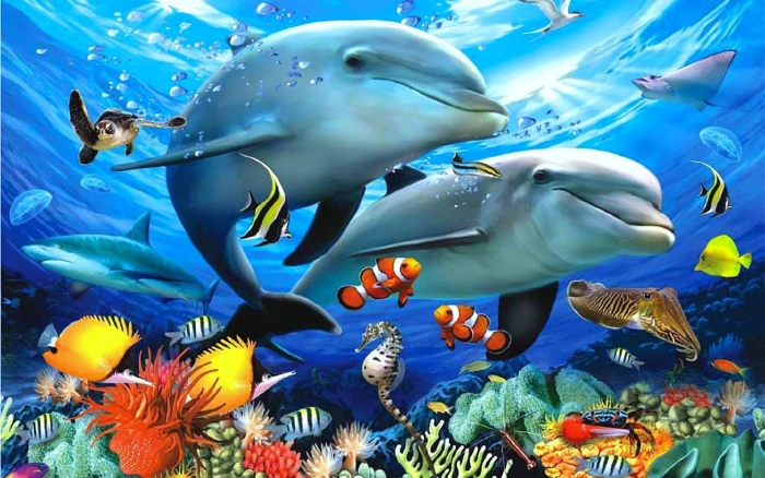 Ocean Sea Waves Underwater Animals Dolphins Exotic Colorful Fish Sip Corals Landscape Paradise Art Paintings Marine 2k