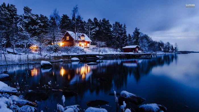 orange house beside the body of water landscape lake cabin 2k