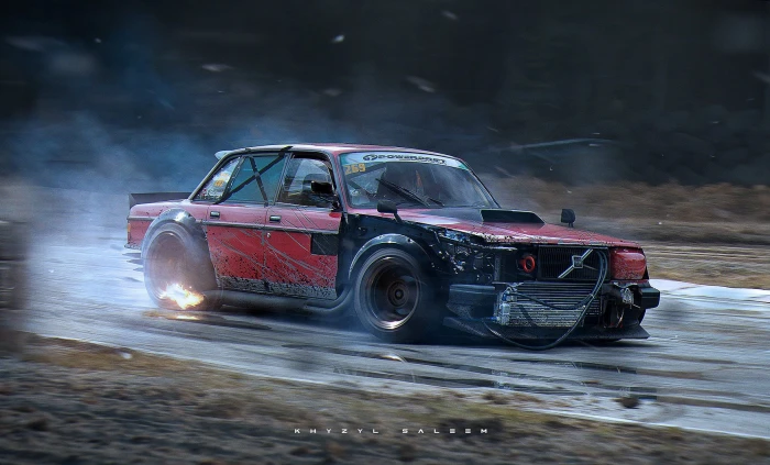 red and black sedan Khyzyl Saleem car Volvo drift artwork 2k
