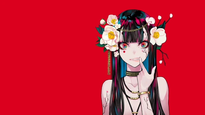 artwork minimalism anime girls flower in hair red background 2k 4k