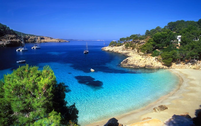 blue water beach sea Spain land tree scenics nature beauty in 2k