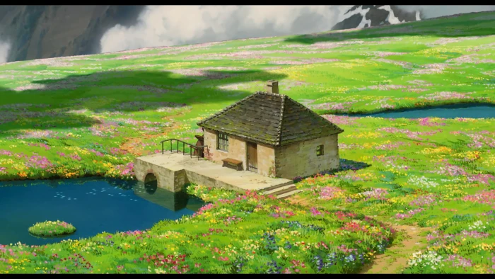brown concrete house anime Studio Ghibli landscape water 2k