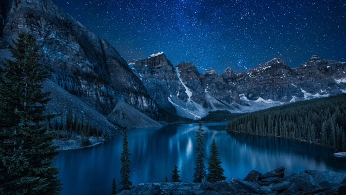 Canada nature lake mountains trees forest stars landscape 2k