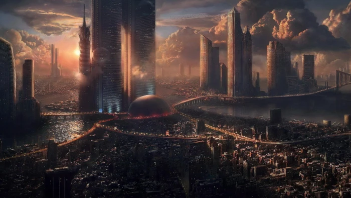 city buildings near body of water during daytime futuristic 2k