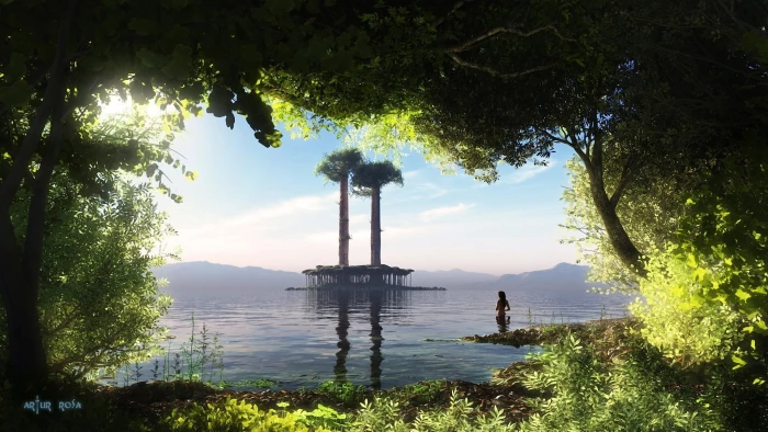 Creative arts nature paradise scenery lake island green leaves girl body of water and trees photo 2k