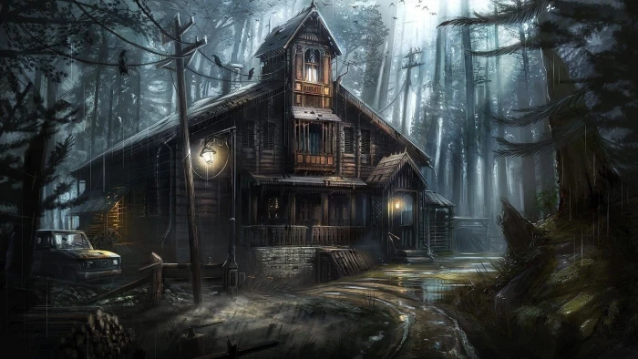fantasy art haunted house ghost tree forest abandoned 2k