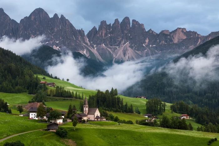 green trees covered mountains nature landscape clouds Italy 2k