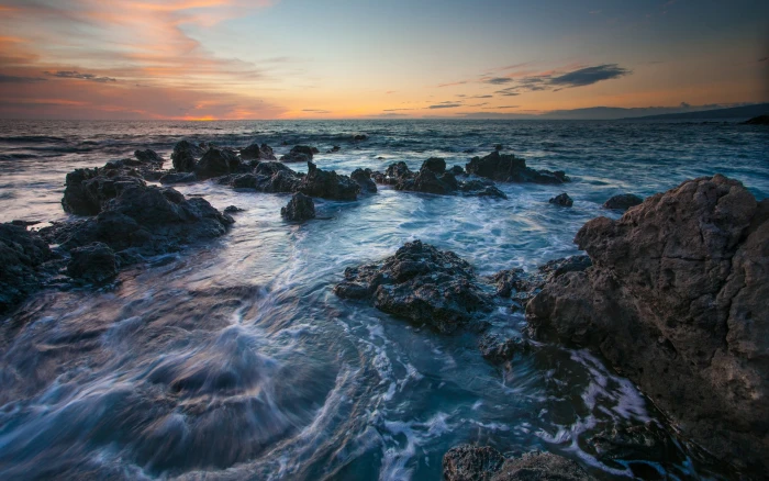 Hawaii scenery sea rocks sunset 2k