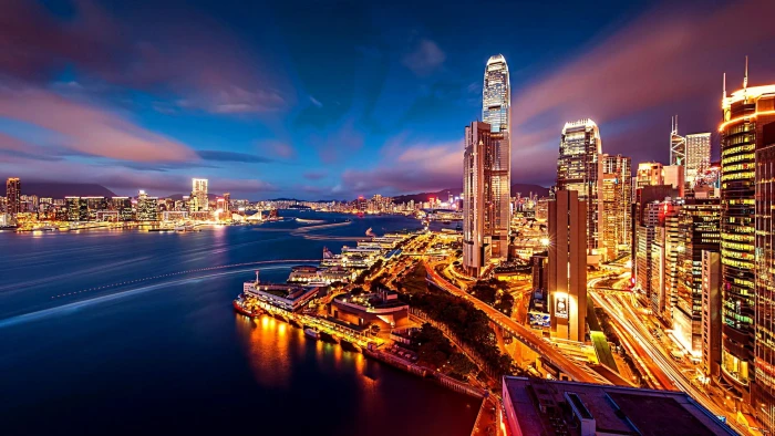 hong kong harbour night lights cityscape scenery city 2k