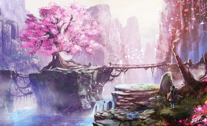 pink leafed tree painting anime girls cherry blossom 2k