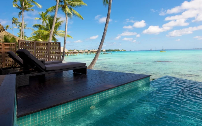 summer bungalow sea palm trees resort water nature landscape 2k