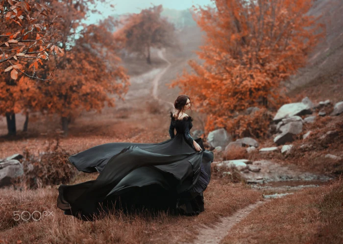 women's black long sleeved dress woman wearing off shoulder maxi standing between forest trees 2k