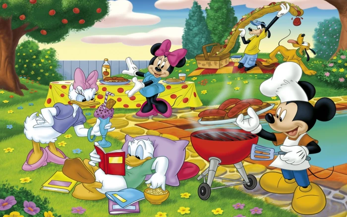 Picnic Outing In Nature Cartoon Mickey And Minnie Mouse Donald Duck Daisy Wallpaper Hd 2k