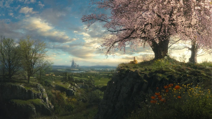 pink leafed tree cherry blossom game setup illustration 2k