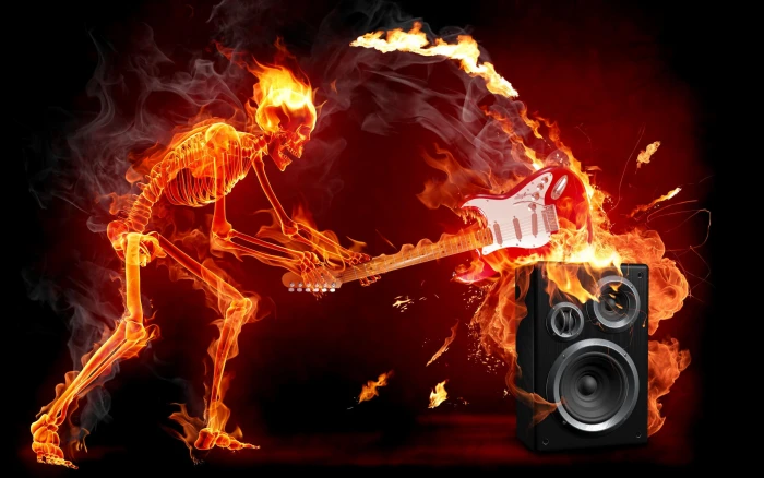 Skelet On Fire Smashing Guitar Speaker hell fire skull hardrock 2k