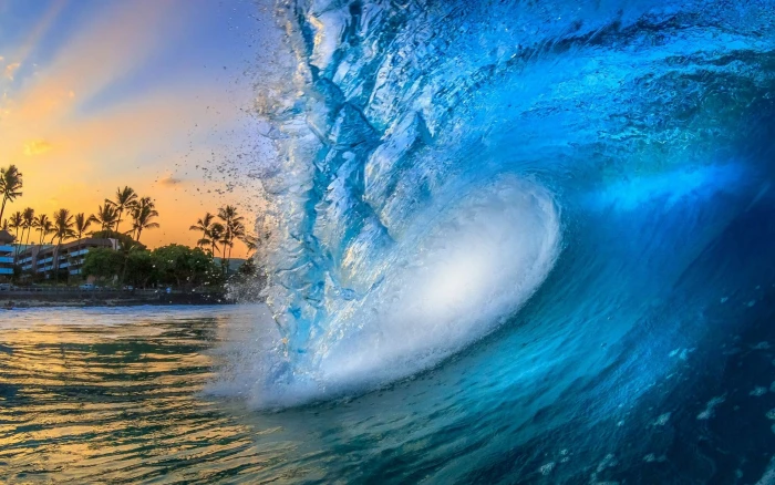 waves artwork nature landscape beach Hawaii building palm trees 2k