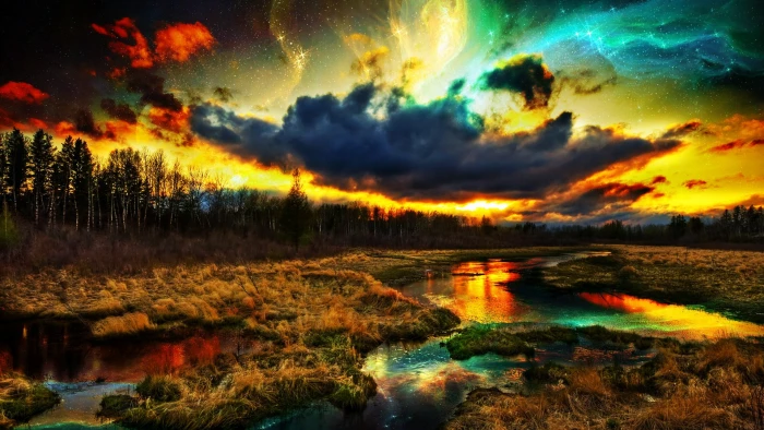 green pine trees digital art nature river clouds stars forest 2k