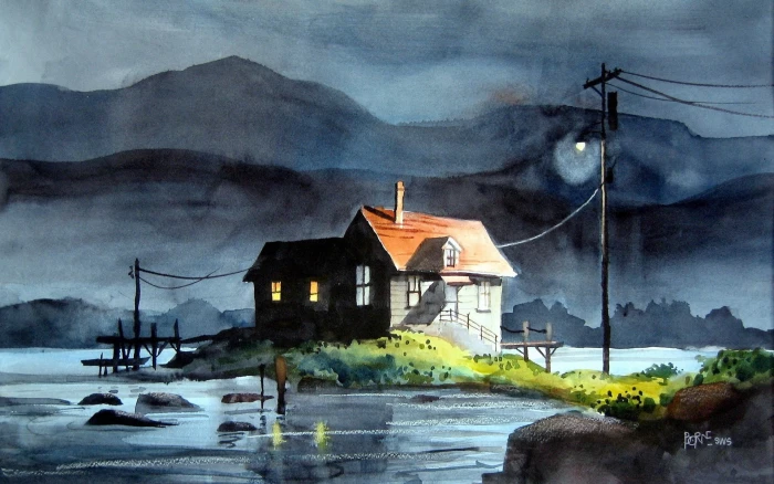 house illustration near body of water digital art fantasy 2k