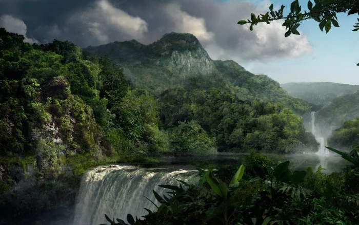 landscape waterfall nature mountains jungle 2k
