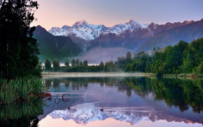 New Zealand morning scenery mountains lake forest water reflection 2k