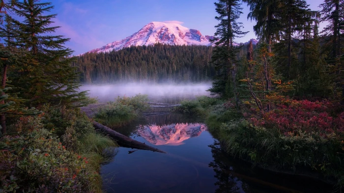 reflection mount rainier mt lake scenery 2k