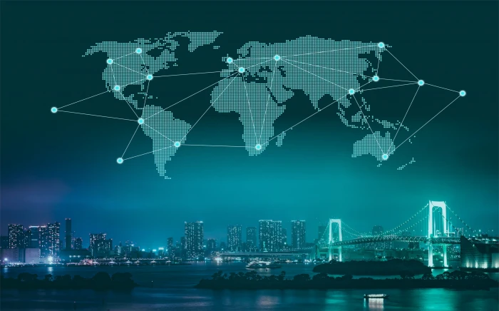 Trade and Commerce World Map Over City at Night africa asia 2k