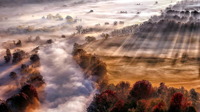 autumn landscape sun rays scenery countryside fog 2k