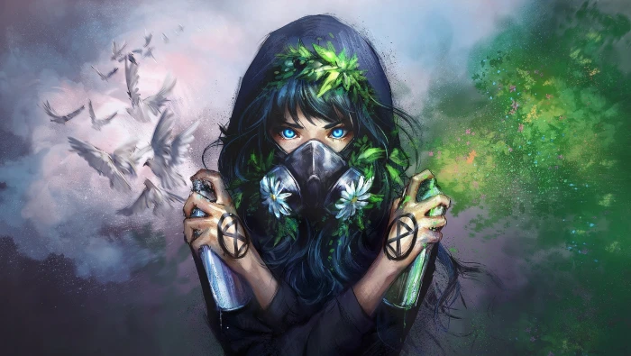 green girl white graffiti nature art blue eyes flowers 2k