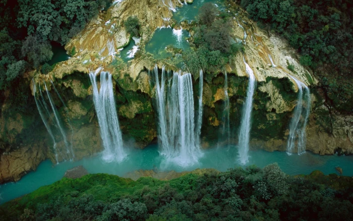 aerial photo of waterfalls river cliff forest Mexico view 2k