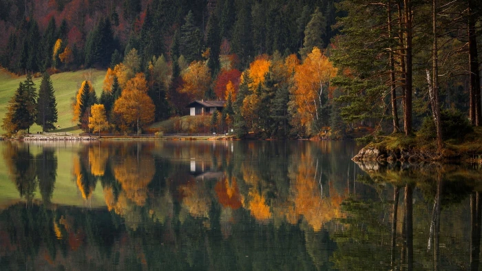 brown wooden cabin in near lake reflective shot landscape 2k