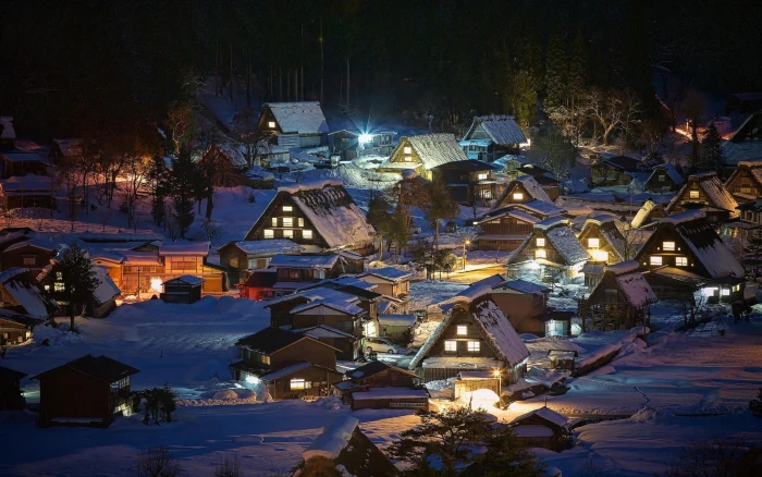 brown and white houses landscape nature village lights Japan 2k