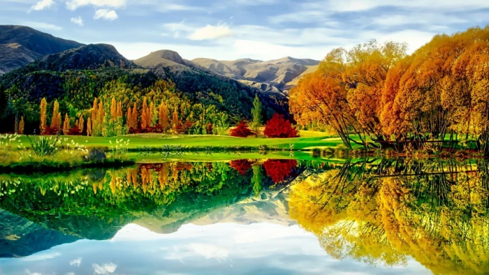 reflection nature foliage lake autumn pond mount scenery 2k