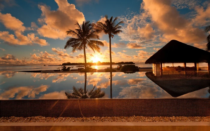 Tropical ocean scenery palm tree house dusk 2k